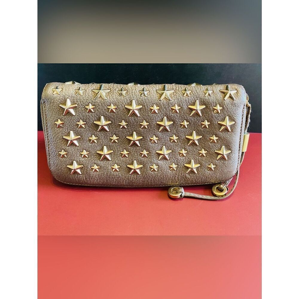 Jimmy Choo Taupe Gold Star-Studded Zip Around Long Wallet Authentic - Picture 9 of 17